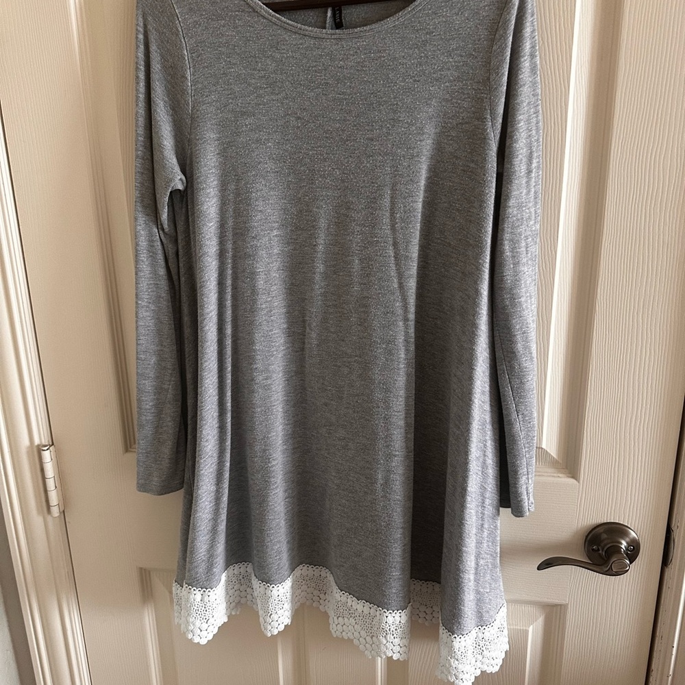 Gray Long Sleeve Dress with Lace Hem
